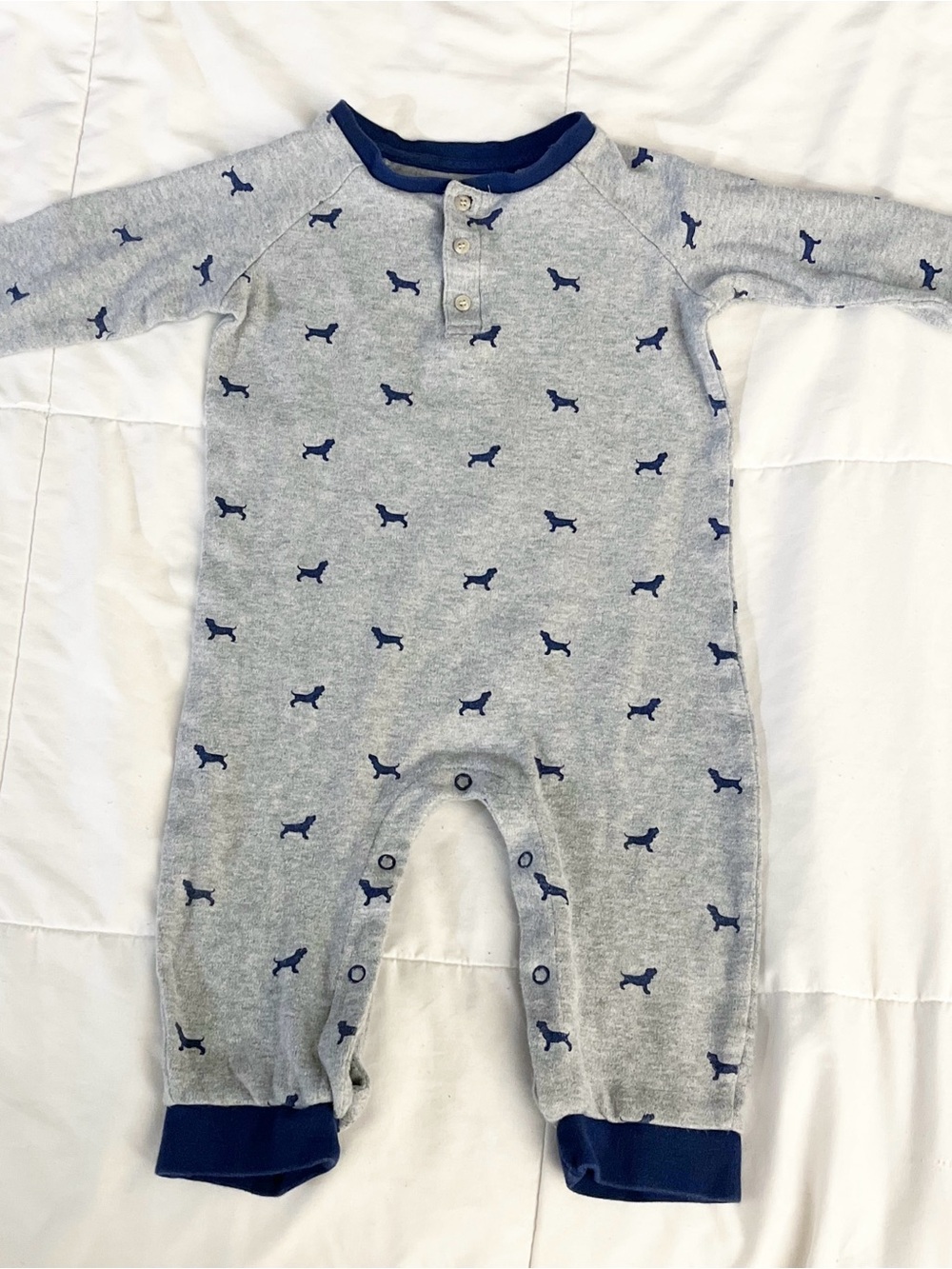 Baby Gray One-Piece Romper with Navy Dog Print